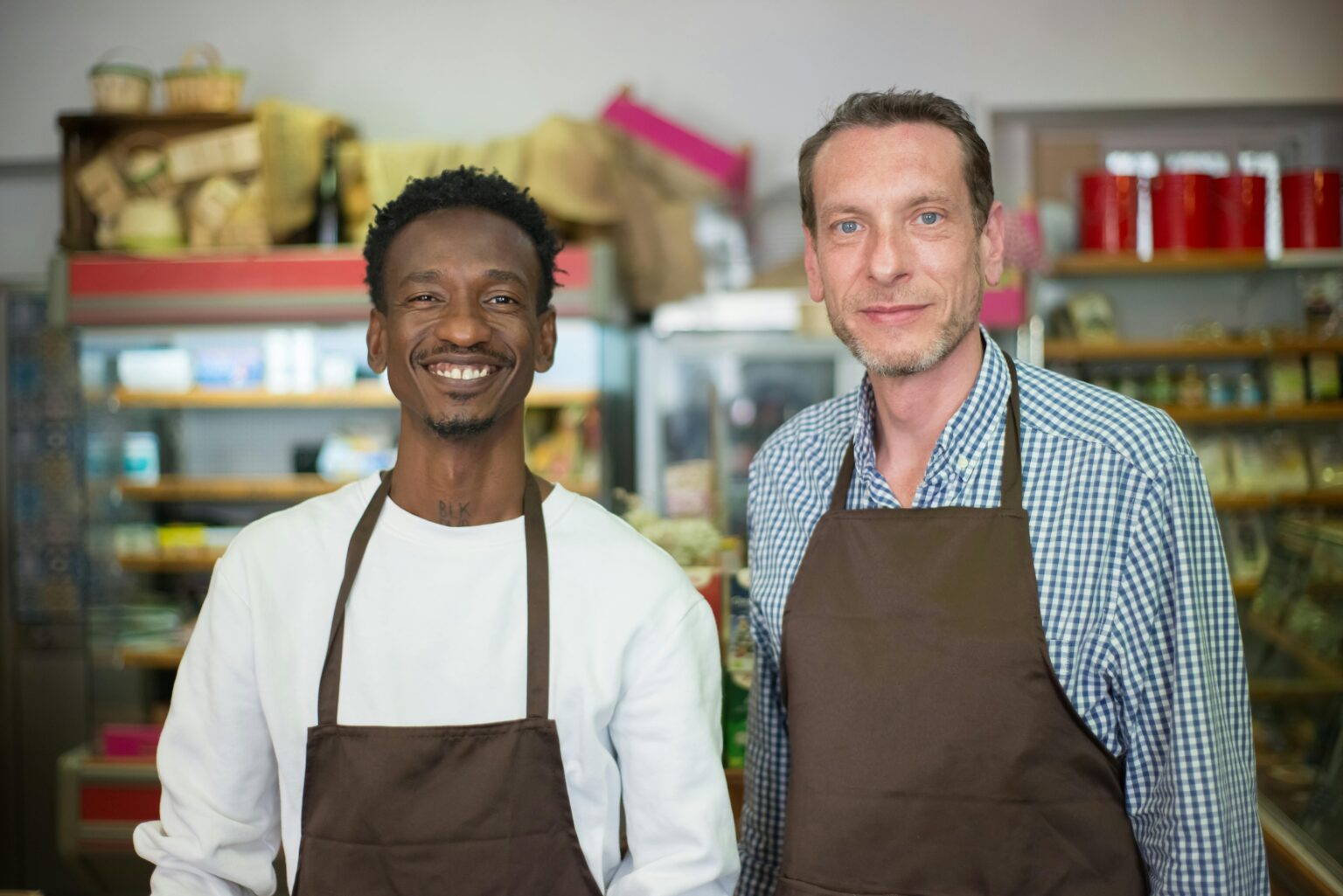 Two smiling supermarket owners wearing aprons inside their store, representing the importance of supermarket insurance for small business protection.