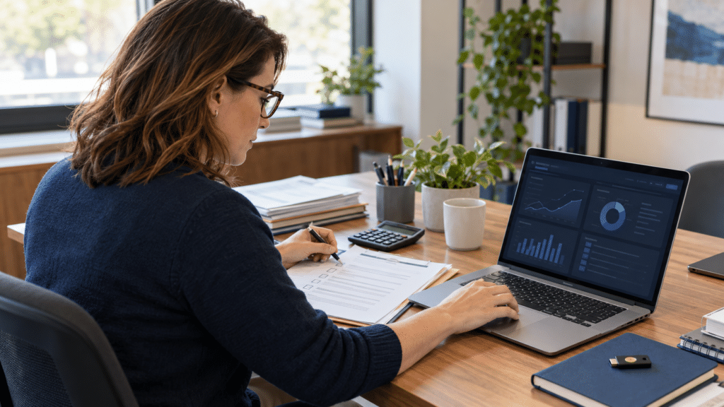 Cyber Insurance for Accountants: 2026 Cost, Coverage & WISP Checklist Accountant reviewing cybersecurity and insurance readiness at a laptop