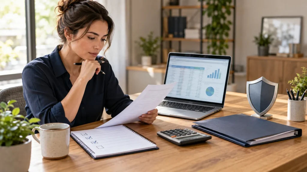 Bookkeeper reviewing an insurance coverage checklist at her desk
