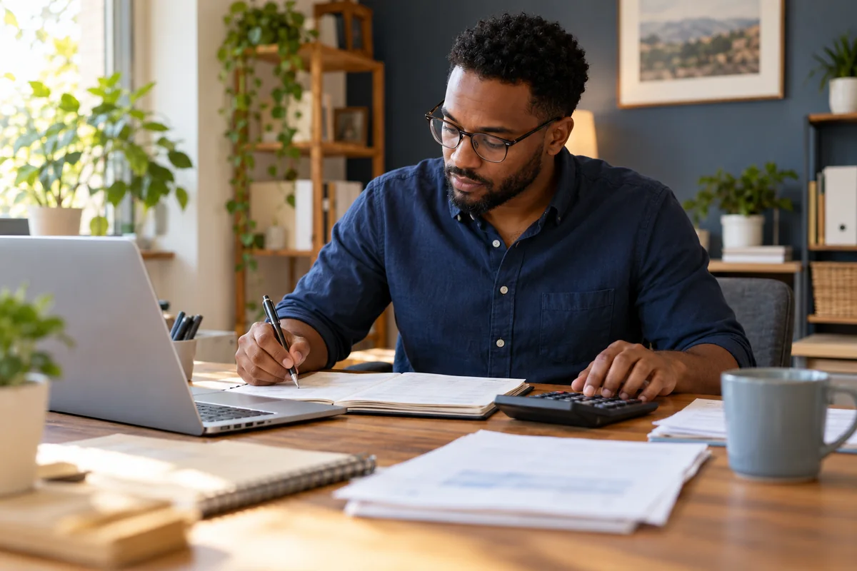 Independent bookkeeper reconciling accounts at a laptop