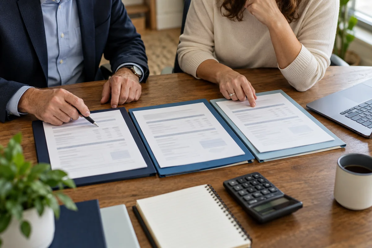 Small practice owners comparing three business insurance proposals