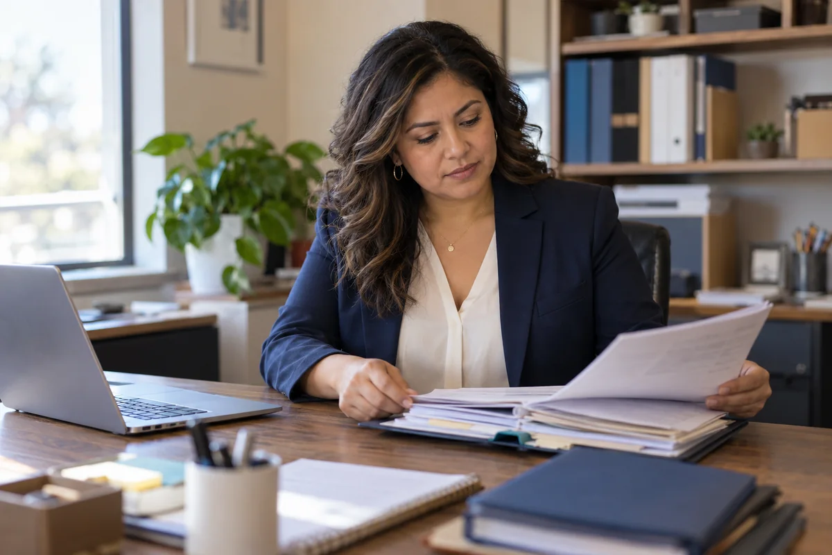 Tax professional reviewing client files in a small independent practice