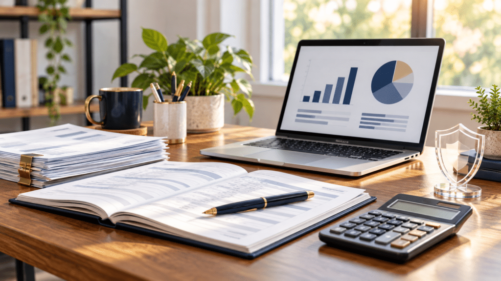 Bookkeeper Insurance Cost: 2026 Rates & Quote Checklist Bookkeeping desk with ledger, calculator, laptop charts and an insurance shield