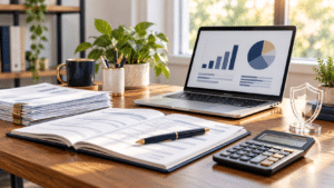 Bookkeeper Insurance Cost: 2026 Rates & Quote Checklist Bookkeeping desk with ledger, calculator, laptop charts and an insurance shield