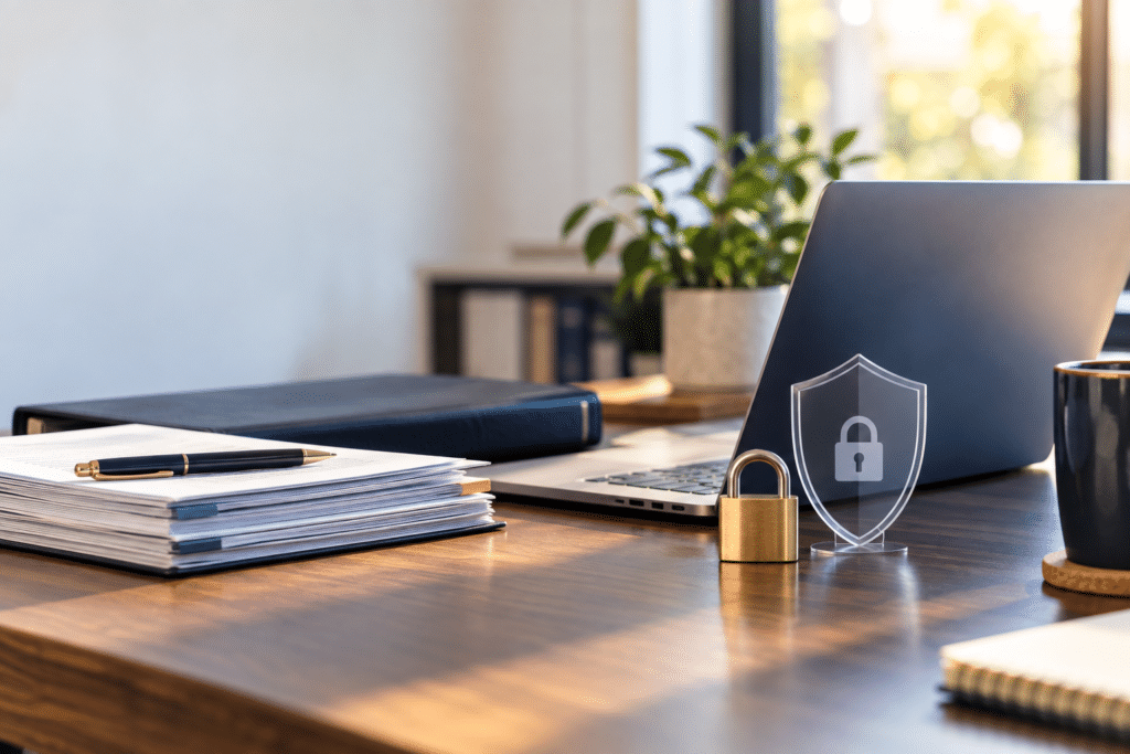 Tax preparation office with laptop, client files, padlock and data-security shield
