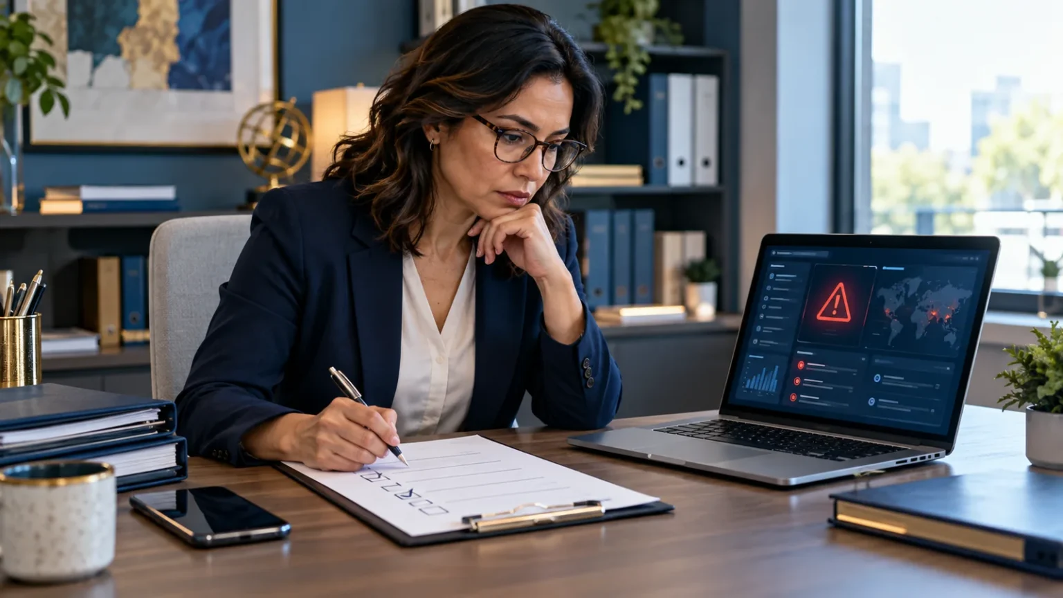 Tax preparer reviewing a data breach response checklist beside a laptop showing a security alert