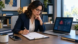 Tax preparer reviewing a data breach response checklist beside a laptop showing a security alert